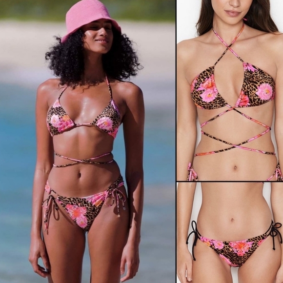 Victoria's Secret Triangle Tie Wrap Bikini Top Leopard Flower Sz L NWT - Picture 2 of 5